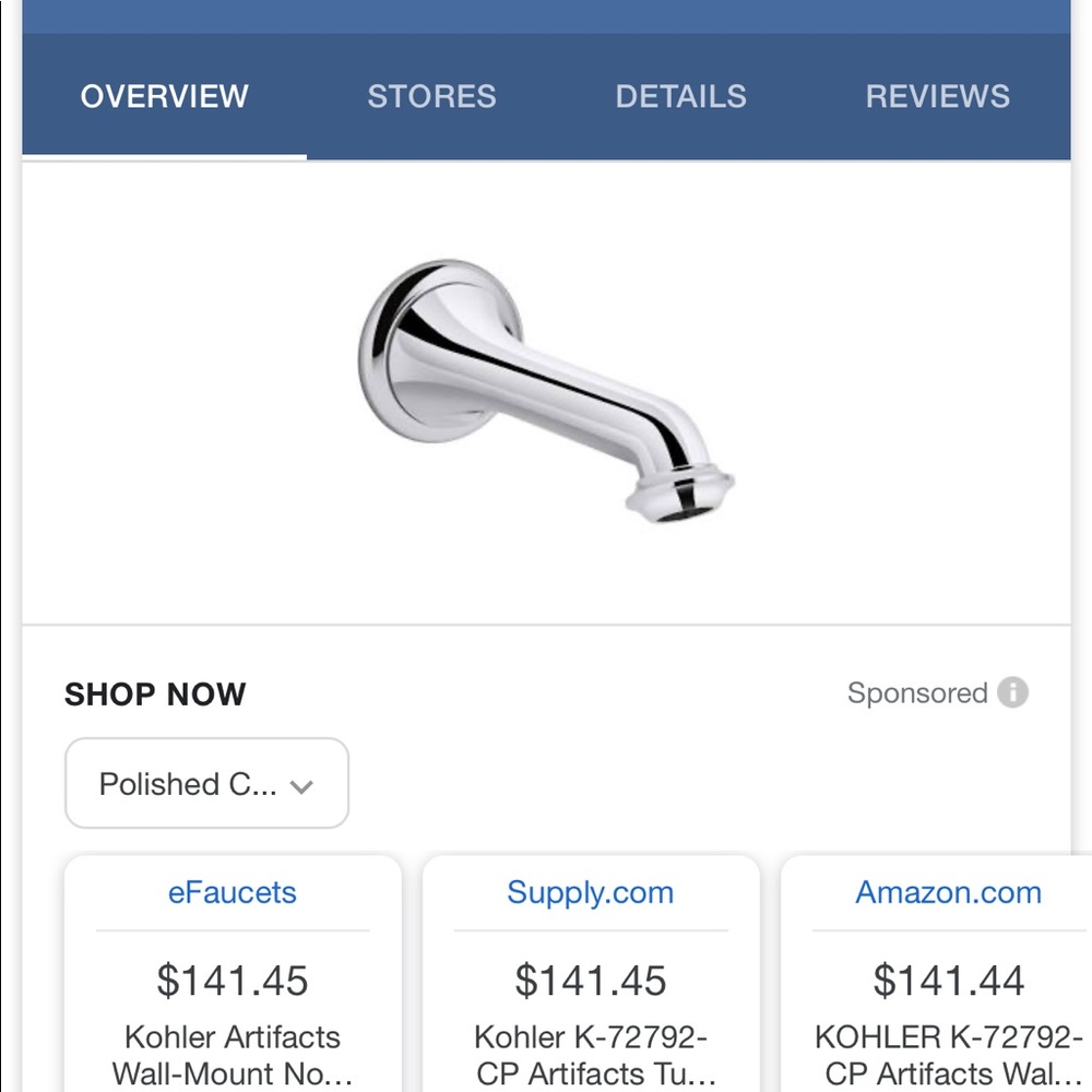 Brand New Kohler Artifacts Bath Spout 72792-CP